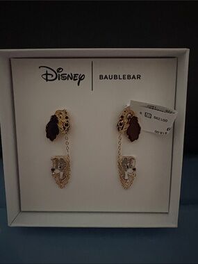 BaubleBar Gold Tone Lady & Tramp Dangle Earrings with Brown and Cream Enamel